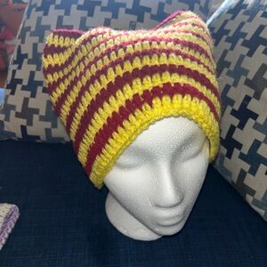 Striped Yellow and Red Crochet Beanie